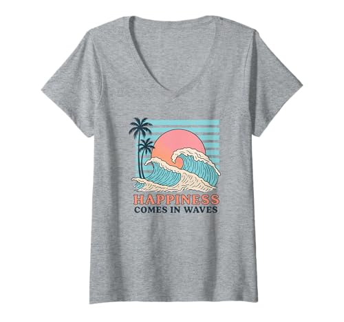 Womens Happiness Comes in Waves V-Neck T-Shirt