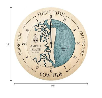 Sea & Soul Amelia Island Tide Clock, 3D Water Depth Tidal Clock, Nautical Map High Tide Clock, Fisherman Gift, Coastal Décor, Nautical Décor (Birch/Blue Green)