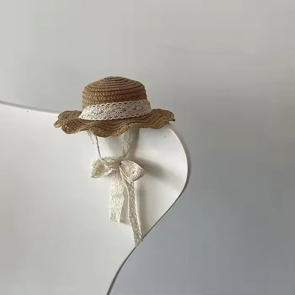 Pet Straw Sun Hat - Lace - Trimmed Summer Beach Hat with Bow, Adjustable Sun Protection Cap for Small Dogs & Cats (Size M, Khaki)