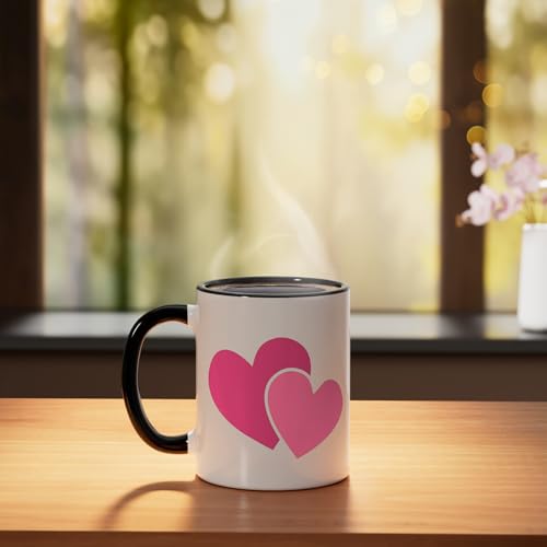 Two Hearts Retro Pink Ceramic Mug, Black/White