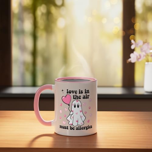 Love Is In The Air Funny Valentine's Day Ghost Ceramic Mug, Pink/White