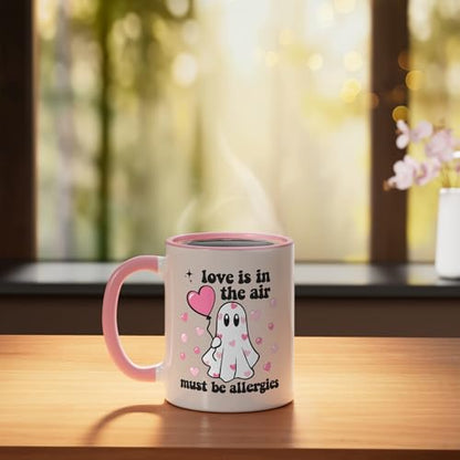 Love Is In The Air Funny Valentine's Day Ghost Ceramic Mug, Pink/White