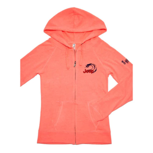 Jeep Ladies Beachin Good Time Logo Zip Hoodie Hooded Sweatshirt - Bright Coral (Small)