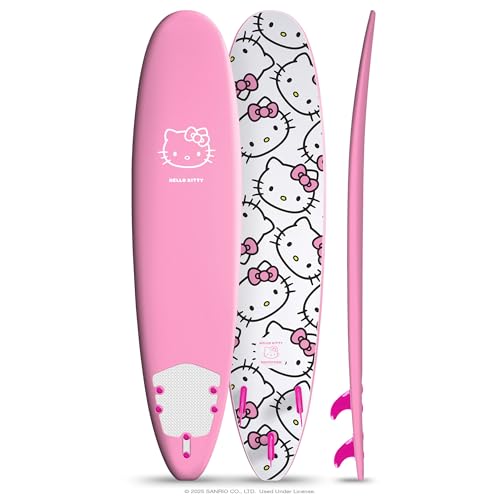 Hello Kitty 8ft Surfboard by Wavestorm | Graphic top Deck with high Density Slick Bottom | for Kids and Adults | Foam Construction with Accessories | Includes Basic Leash