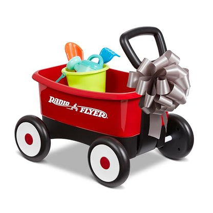 Radio Flyer My 1st Wagon 2-in-1 Walker & Pull Wagon with Beach and Garden Tools for Toddlers Ages 1-4, Red