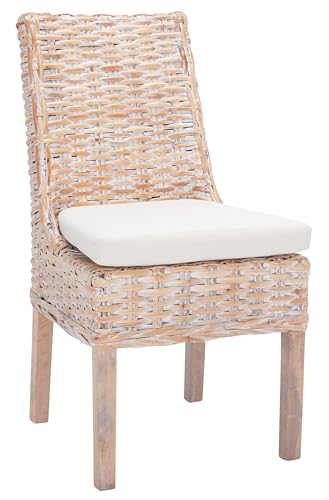 SAFAVIEH Home Collection – Suncoast Set of 2 Natural White Wash Rattan Arm Chairs with Cushions, Coastal Style Seating, Fully Assembled (FOX6540A-SET2)