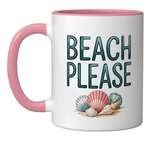Beach Please Funny Ceramic Mug, Pink/White