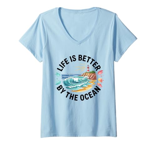Women's Life is Better by The Ocean V-Neck T-Shirt