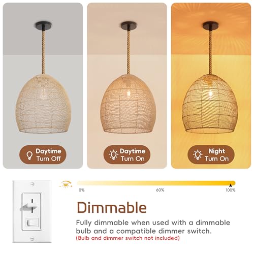 WALMHEIM 17.7" Large Farmhouse Chandeliers for Dining Room, 1-Light Rattan Boho Chandelier Light Fixture Coastal Wicker Hanging Pendant Lighting for Kitchen Island Bedroom Living Room Nursery