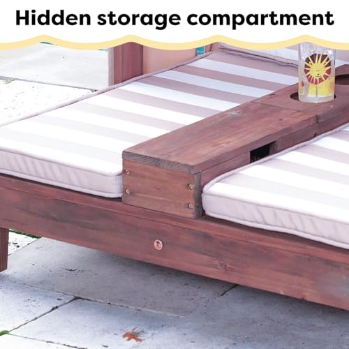 KidKraft Wooden Outdoor Double Chaise Lounge with Cup Holders, Patio Furniture for Kids or Pets, Espresso with Oatmeal and White Striped Fabric