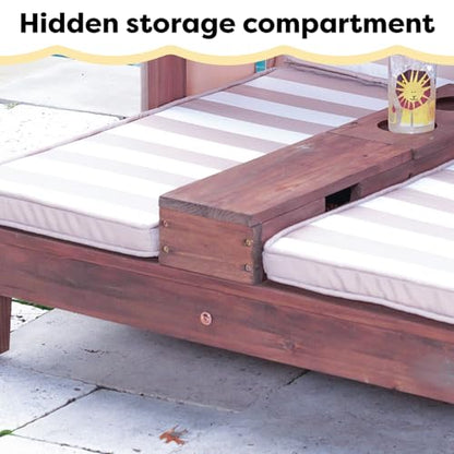 KidKraft Wooden Outdoor Double Chaise Lounge with Cup Holders, Patio Furniture for Kids or Pets, Espresso with Oatmeal and White Striped Fabric