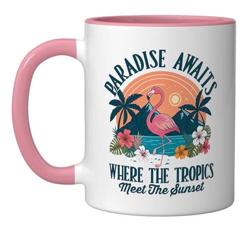 Paradise Summer Tropical Ceramic Mug, Pink/White