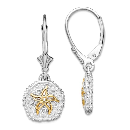 925 Sterling Silver Rhodium Plated Sand Dollar With 14k Sea shell Nautical Starfish Leverback Earrings 28x11mm Wide Stud Earring for Women