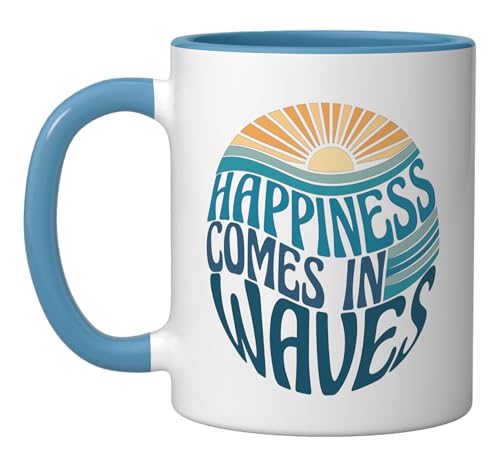 Happiness Comes In Waves Ceramic Mug, Blue/White