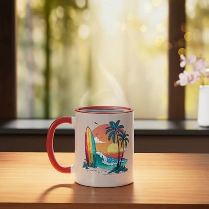 Surfer Sunset Beach Ceramic Mug, Red/White
