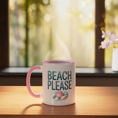 Beach Please Funny Ceramic Mug, Pink/White