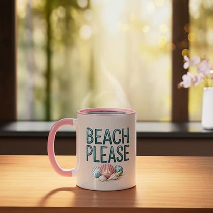Beach Please Funny Ceramic Mug, Pink/White