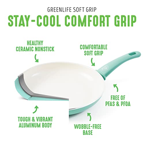 GreenLife Soft Grip 23 Piece Kitchen Cookware Pots and Frying Saucepans Set, Healthy Ceramic Nonstick PFAS and PFOA-Free, Dishwasher and Oven Safe, Even Heating, Easy Clean, Warp Control, Turquoise