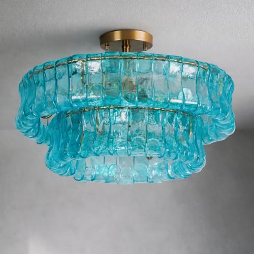 Maxax 20" Coastal Blue Glass Chandelier, Modern 6-Light Round Drum Ceiling Light Fixture, Electroplated Copper E12 Base, for Entryway, Living Room, Bedroom, Kitchen, Dining Room