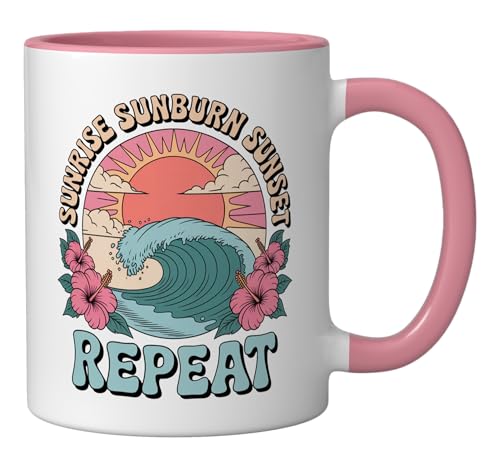 Sunrise Sunset Sunburn Repeat Ceramic Mug, Pink/White