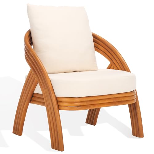 SAFAVIEH Couture Collection Demarco Tropical Coastal Natural Rattan/White Linen Cushion Accent Chair (Fully Assembled)