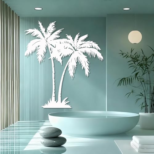 OZF Tropical Palm Tree Metal Wall Decor, Beach Themed Metal Wall Art, Modern Coastal Nature Hanging Decor for Living Room Patio Bathroom, Coastal Home & Outdoor Sculpture (White, 47 x 47 in | 120 x 120cm)