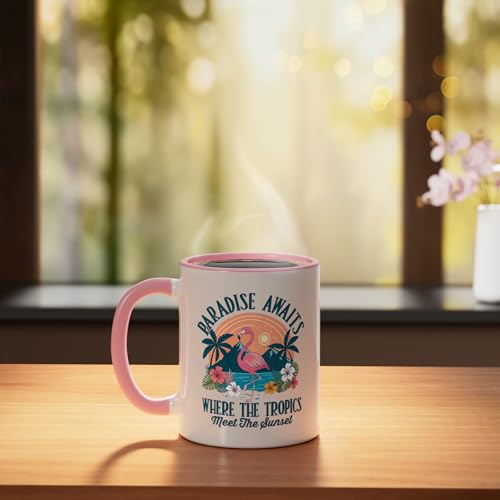 Paradise Summer Tropical Ceramic Mug, Pink/White