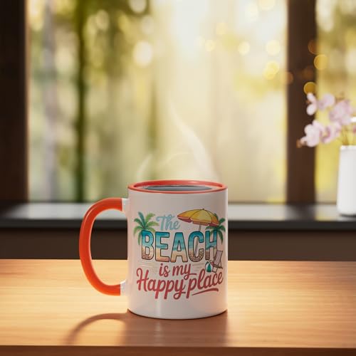 The Beach Is My Happy Place Ceramic Mug, Orange/White