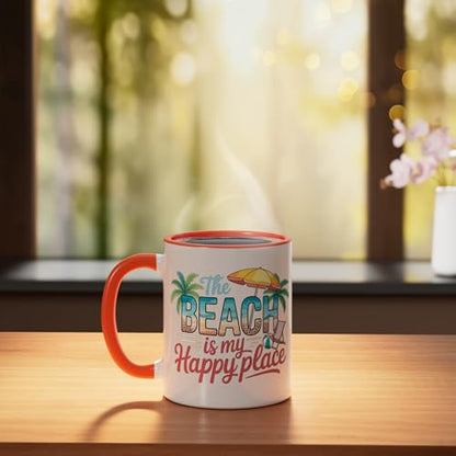 The Beach Is My Happy Place Ceramic Mug, Orange/White