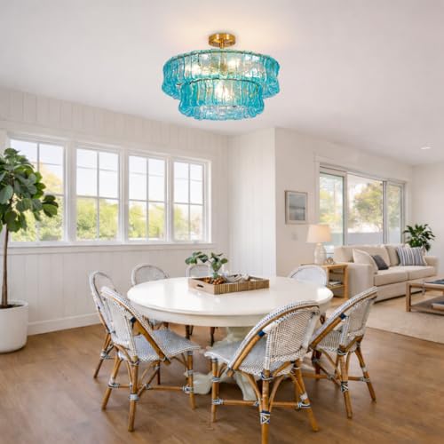 Maxax 20" Coastal Blue Glass Chandelier, Modern 6-Light Round Drum Ceiling Light Fixture, Electroplated Copper E12 Base, for Entryway, Living Room, Bedroom, Kitchen, Dining Room