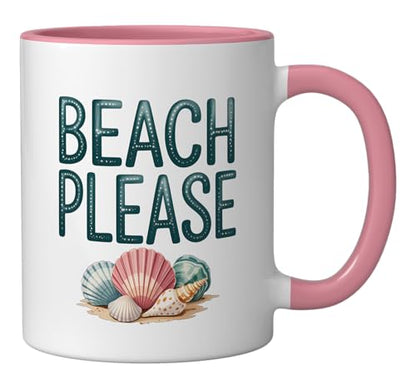 Beach Please Funny Ceramic Mug, Pink/White