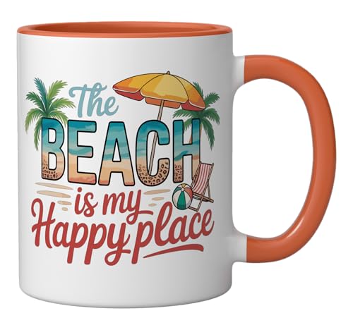 The Beach Is My Happy Place Ceramic Mug, Orange/White