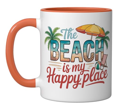 The Beach Is My Happy Place Ceramic Mug, Orange/White