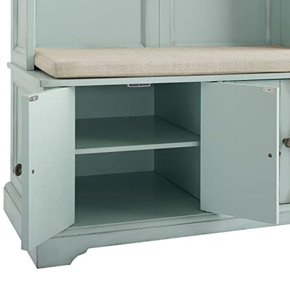 Crosley Furniture Holbrook Hall Tree with Shoe Rack Bench and Coat Hooks for Hanging Storage, Distressed Seafoam Blue