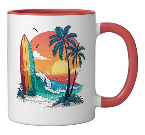 Surfer Sunset Beach Ceramic Mug, Red/White