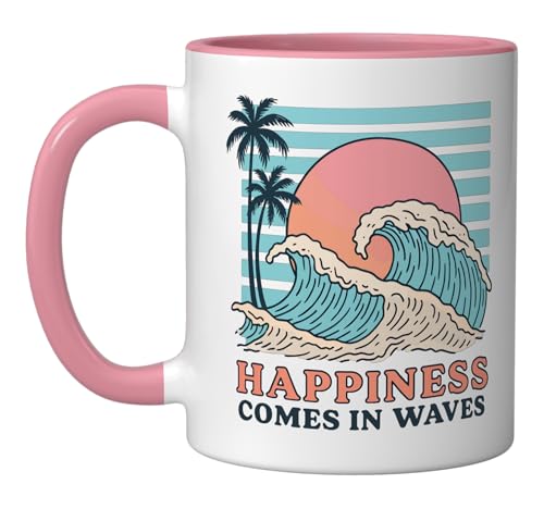 Happiness Comes In Waves Ceramic Mug, Pink/White
