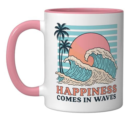 Happiness Comes In Waves Ceramic Mug, Pink/White