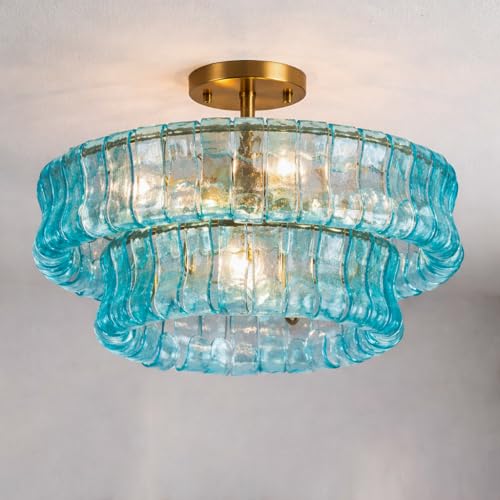 Maxax 20" Coastal Blue Glass Chandelier, Modern 6-Light Round Drum Ceiling Light Fixture, Electroplated Copper E12 Base, for Entryway, Living Room, Bedroom, Kitchen, Dining Room