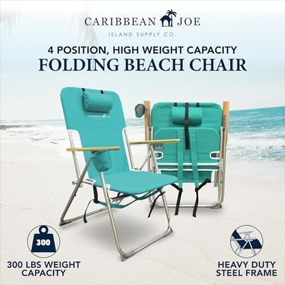 CARIBBEAN JOE Folding Beach Sand Chair, 4 Position Recline, High Seat, Portable Backpack Carry Straps, Foldable, Camping, Headrest, Cup Holder, and Wooden Armrests, 300 lb Capacity, Teal