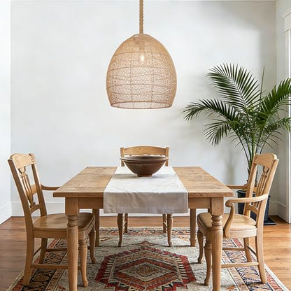 WALMHEIM 17.7" Large Farmhouse Chandeliers for Dining Room, 1-Light Rattan Boho Chandelier Light Fixture Coastal Wicker Hanging Pendant Lighting for Kitchen Island Bedroom Living Room Nursery