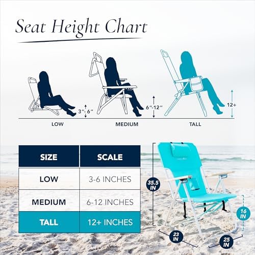 CARIBBEAN JOE Folding Beach Sand Chair, 4 Position Recline, High Seat, Portable Backpack Carry Straps, Foldable, Camping, Headrest, Cup Holder, and Wooden Armrests, 300 lb Capacity, Teal