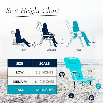 CARIBBEAN JOE Folding Beach Sand Chair, 4 Position Recline, High Seat, Portable Backpack Carry Straps, Foldable, Camping, Headrest, Cup Holder, and Wooden Armrests, 300 lb Capacity, Teal
