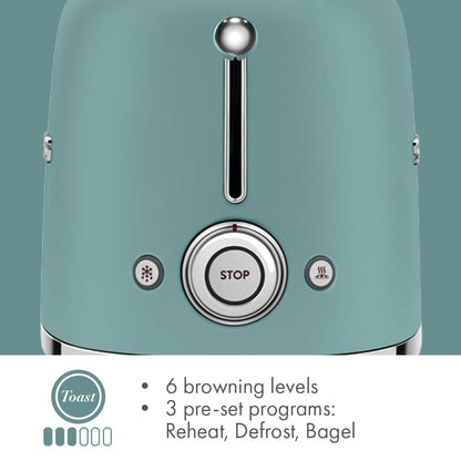 SMEG 2 Slice Toaster with 6 Presets and Defrost Function and Removable Crumb Tray (Jade)
