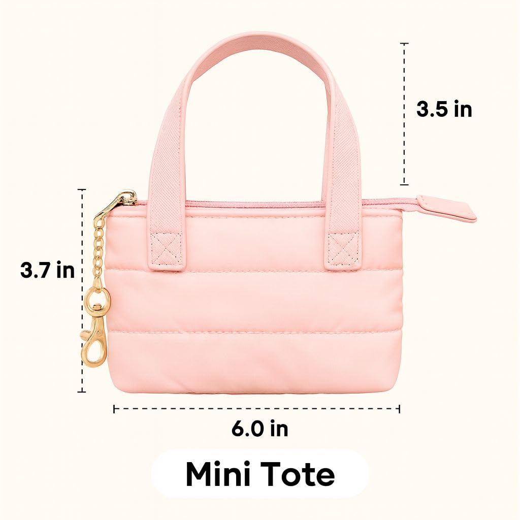 MyfavoriteK Mini Puffer Tote Bag Keychain Puffy Purse Keyring with Gold Heart Charm Cute Bag Charm Gift for Women Girls Teens Key Ring (Pink)