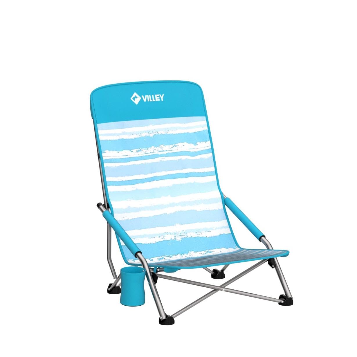 VILLEY Low Beach Chair, High Back Folding Chair for Adults, Lightweight and Portable for Outdoor, Camping, Lawn, Music Festival, with Cup Holder and Carry Bag - Blue Stripes