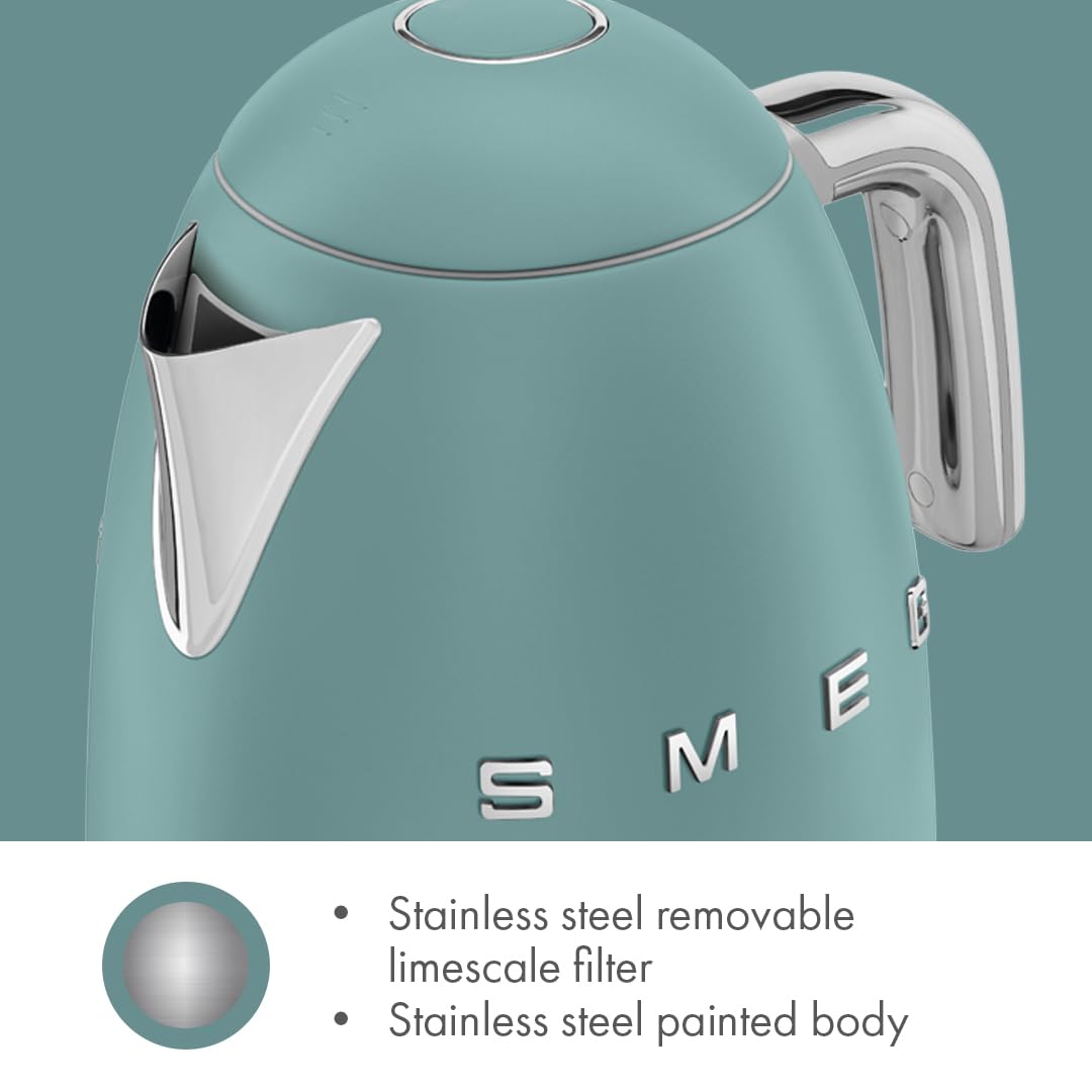 SMEG KLF03 7 Cup Electric Water Kettle, Retro-Style, Soft-Opening Lid, Auto Shut-Off, 360° Swivel Base – Jade