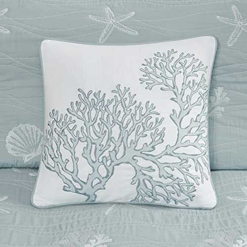 Harbor House Seaside Reversible Cotton Quilt Set Coastal Clam, Starfish, Coral Embroidery, All Season, Pre-Washed Coverlet Bedding Layer, Decorative Pillow, King/Cal King(108"x90") Seafoam 4 Piece