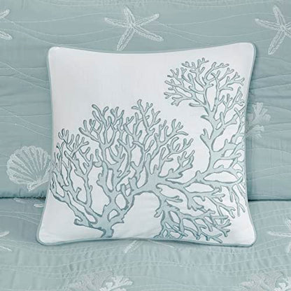 Harbor House Seaside Reversible Cotton Quilt Set Coastal Clam, Starfish, Coral Embroidery, All Season, Pre-Washed Coverlet Bedding Layer, Decorative Pillow, King/Cal King(108"x90") Seafoam 4 Piece