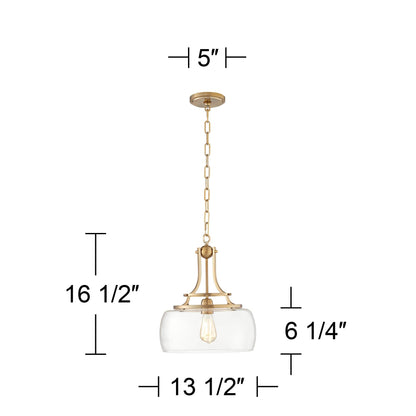 Franklin Iron Works Charleston Brass Hanging Pendant Lighting 13 1/2" Wide Modern Industrial LED Clear Glass Shade Fixture for Dining Room Living House Home Foyer Kitchen Island Entryway Bedroom
