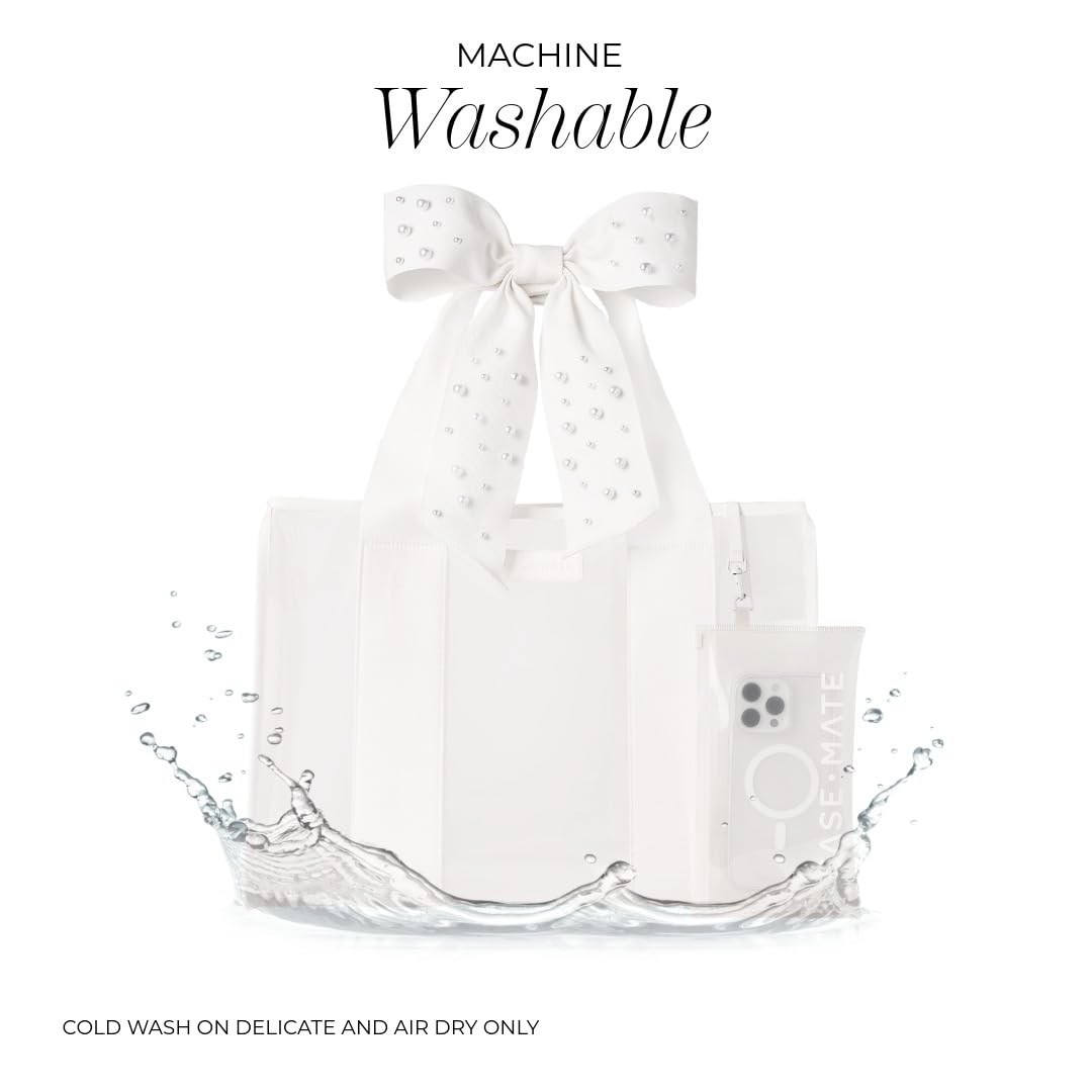 Case-Mate Ivory Pearl Bow Beach Tote - Lightweight Beach Bag with Phone Pouch for Women - Waterproof, Tip-Proof, Foldable & Washable - Tote Bag for Pool, Travel and Vacation - Large